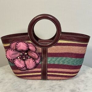Isabella Fiore Handbag Vintage Woven Straw Body, Leather, Floral Appliqué